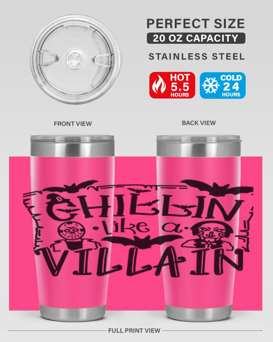 Chillin Like a Villain 82# Halloween Tumbler featuring a vibrant design, double wall vacuum stainless steel, and a drink-thru lid.