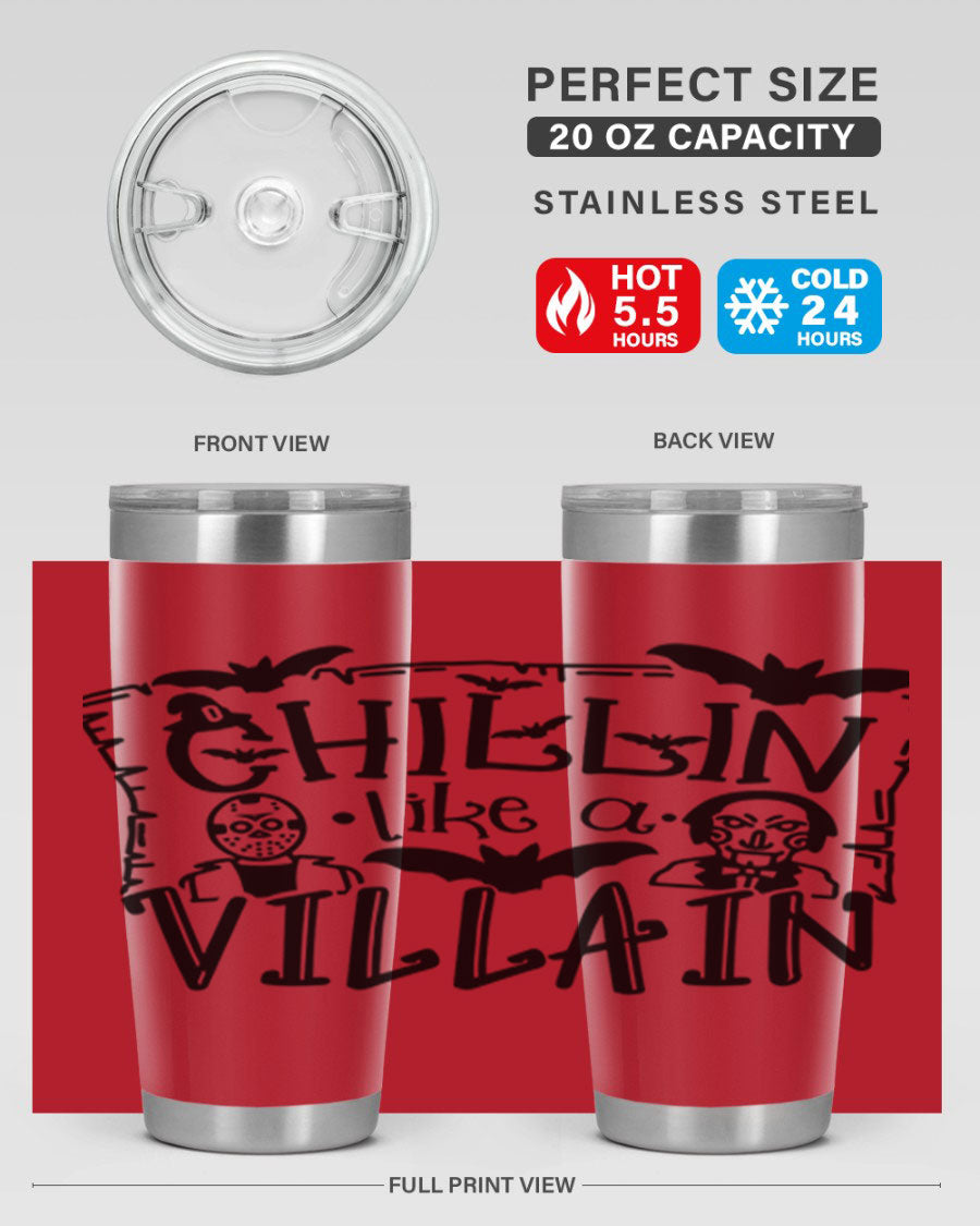 Chillin Like a Villain 82# Halloween Tumbler featuring a vibrant design, double wall vacuum stainless steel, and a drink-thru lid.