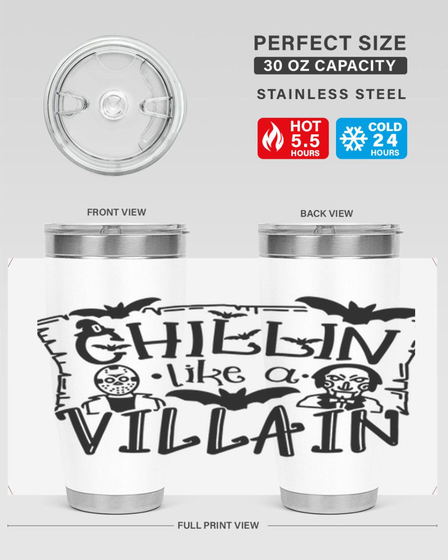 Chillin Like a Villain 82# Halloween Tumbler featuring a vibrant design, double wall vacuum stainless steel, and a drink-thru lid.