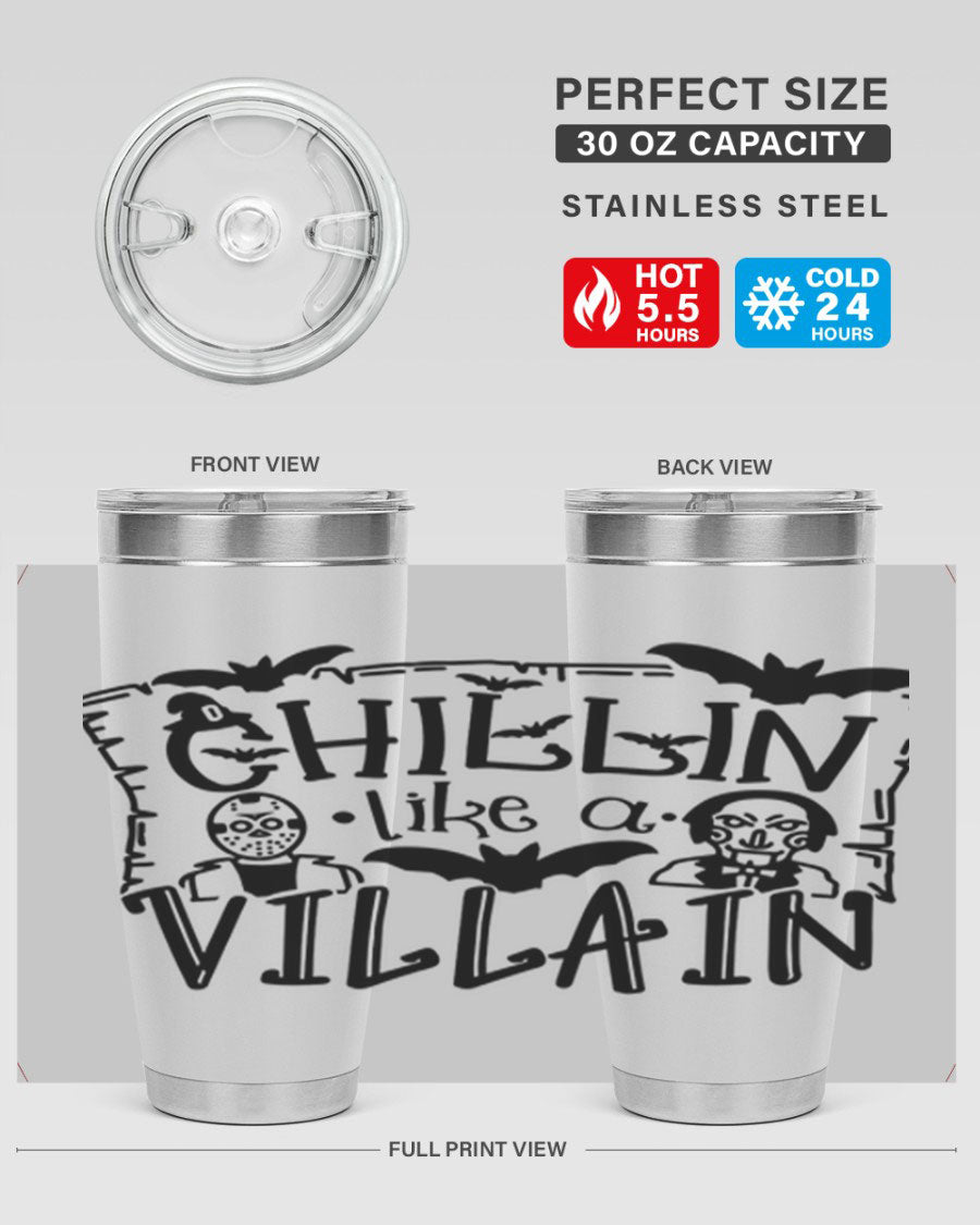 Chillin Like a Villain 82# Halloween Tumbler featuring a vibrant design, double wall vacuum stainless steel, and a drink-thru lid.