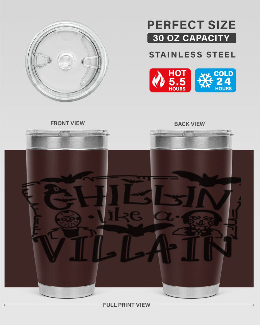 Chillin Like a Villain 82# Halloween Tumbler featuring a vibrant design, double wall vacuum stainless steel, and a drink-thru lid.