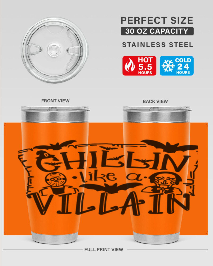 Chillin Like a Villain 82# Halloween Tumbler featuring a vibrant design, double wall vacuum stainless steel, and a drink-thru lid.