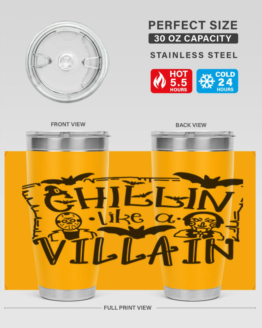 Chillin Like a Villain 82# Halloween Tumbler featuring a vibrant design, double wall vacuum stainless steel, and a drink-thru lid.
