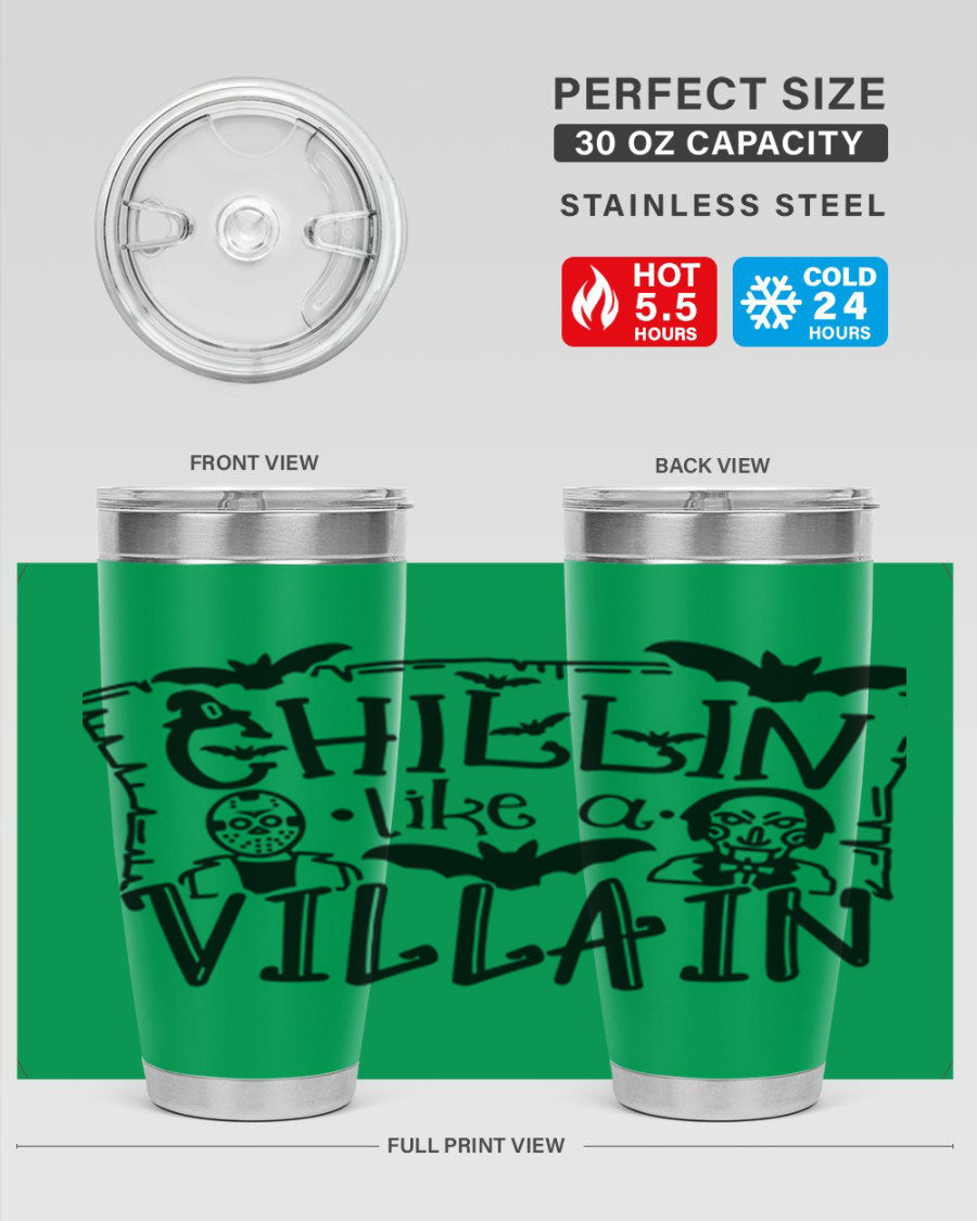 Chillin Like a Villain 82# Halloween Tumbler featuring a vibrant design, double wall vacuum stainless steel, and a drink-thru lid.