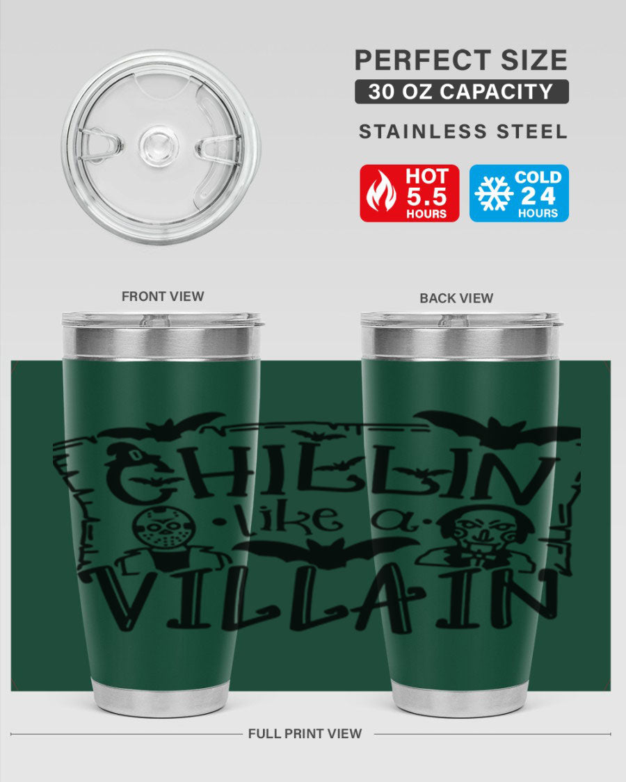 Chillin Like a Villain 82# Halloween Tumbler featuring a vibrant design, double wall vacuum stainless steel, and a drink-thru lid.