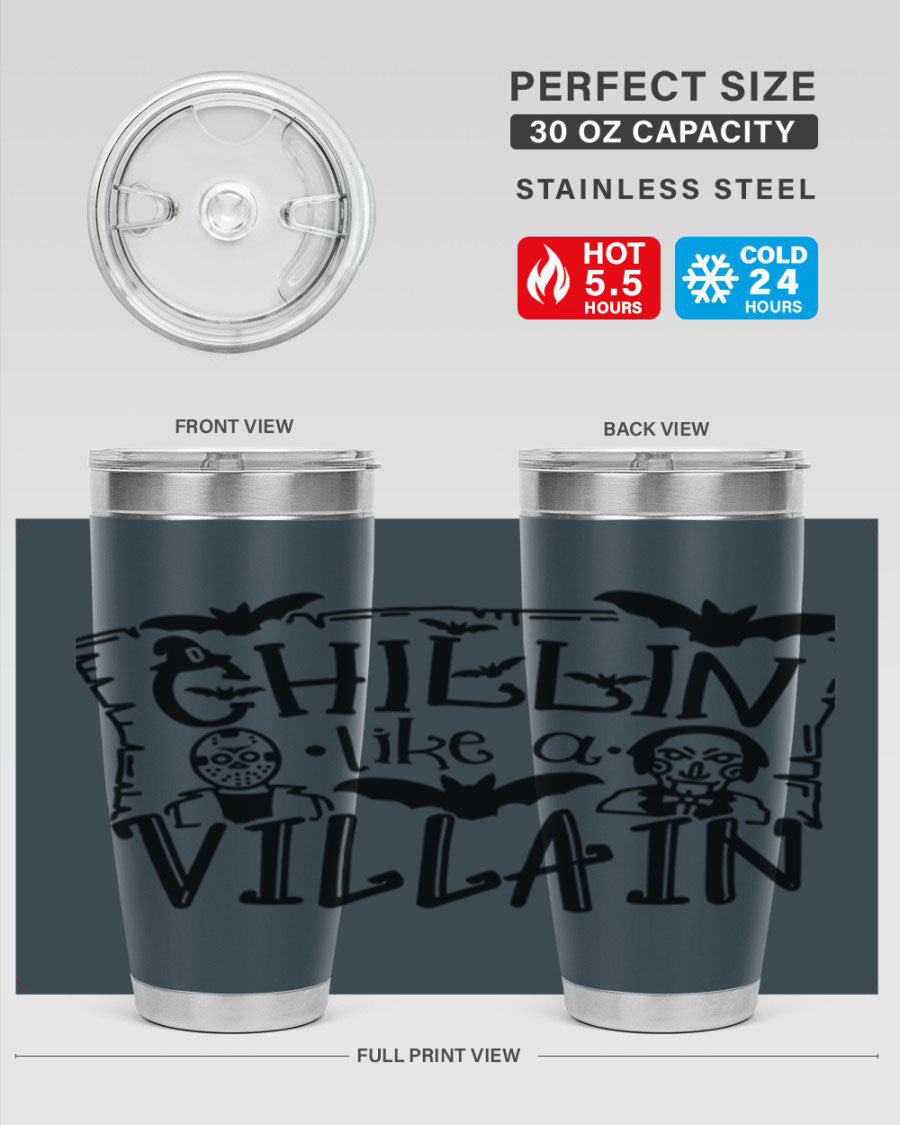 Chillin Like a Villain 82# Halloween Tumbler featuring a vibrant design, double wall vacuum stainless steel, and a drink-thru lid.