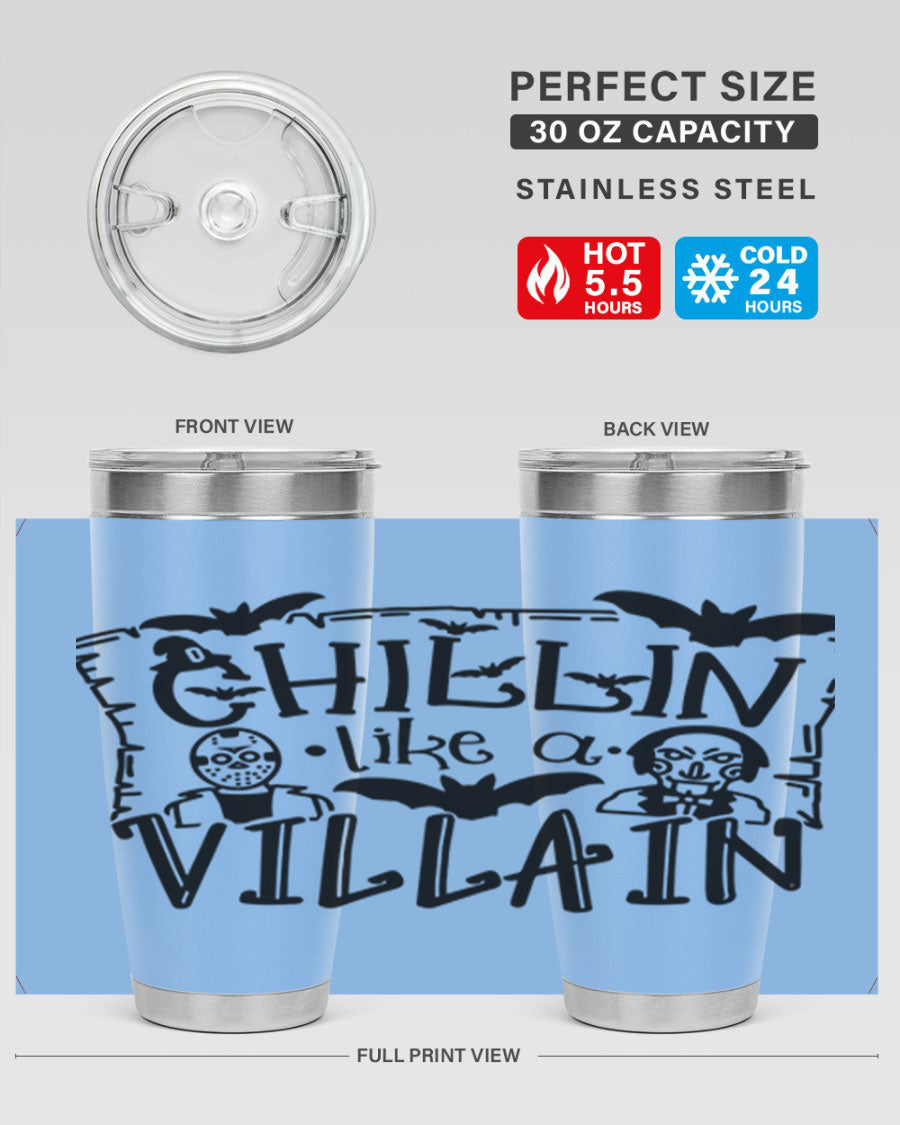 Chillin Like a Villain 82# Halloween Tumbler featuring a vibrant design, double wall vacuum stainless steel, and a drink-thru lid.