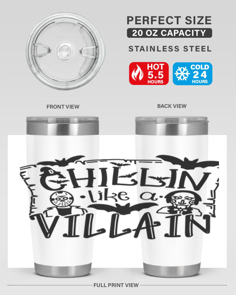 Chillin Like a Villain 82# Halloween Tumbler featuring a vibrant design, double wall vacuum stainless steel, and a drink-thru lid.