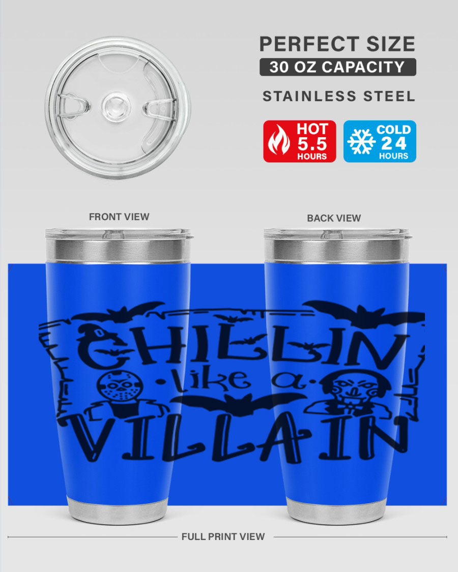 Chillin Like a Villain 82# Halloween Tumbler featuring a vibrant design, double wall vacuum stainless steel, and a drink-thru lid.