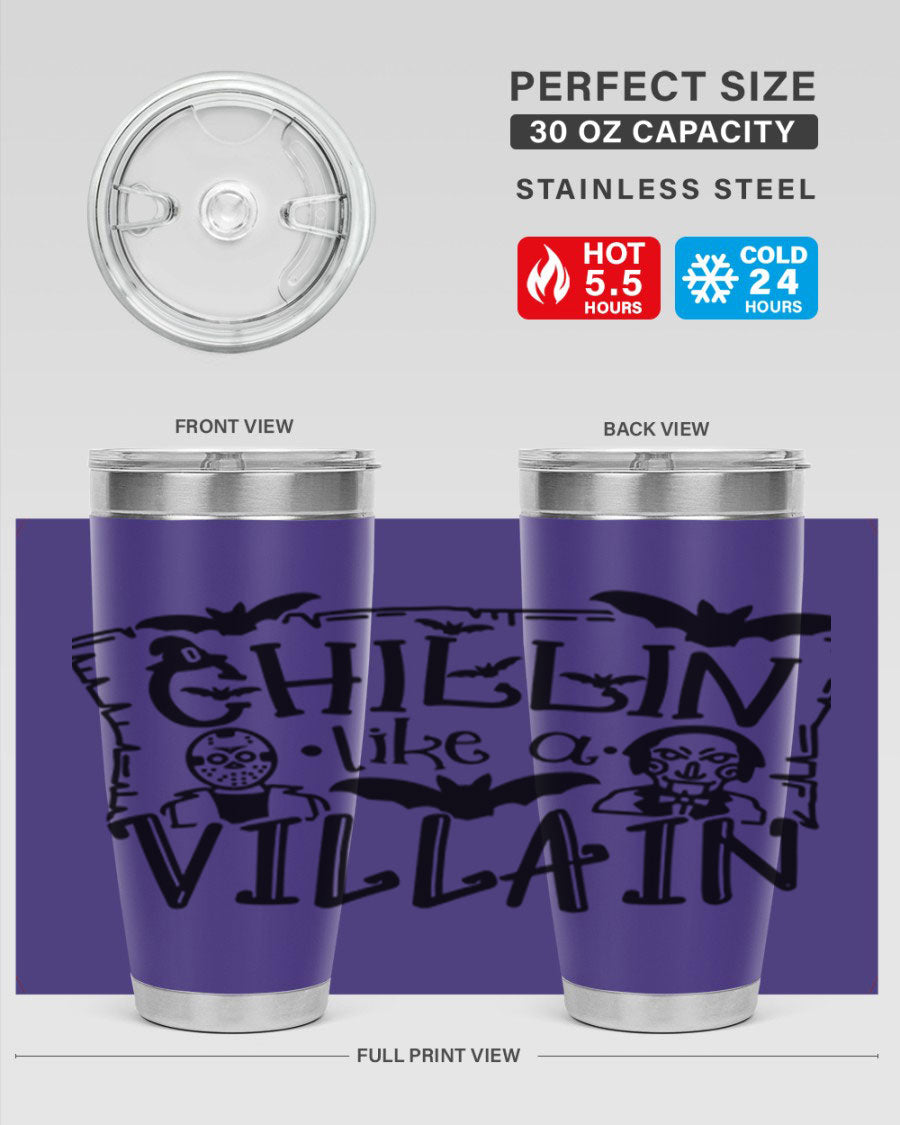 Chillin Like a Villain 82# Halloween Tumbler featuring a vibrant design, double wall vacuum stainless steel, and a drink-thru lid.