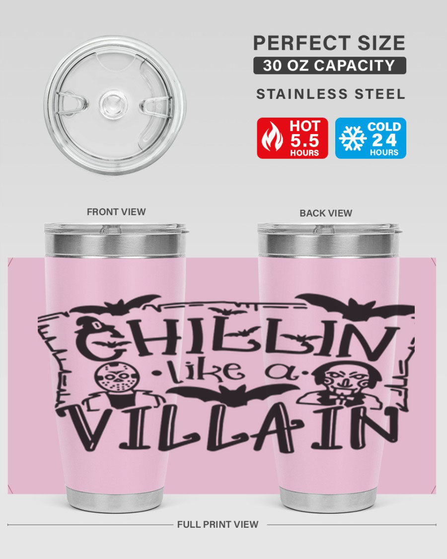 Chillin Like a Villain 82# Halloween Tumbler featuring a vibrant design, double wall vacuum stainless steel, and a drink-thru lid.
