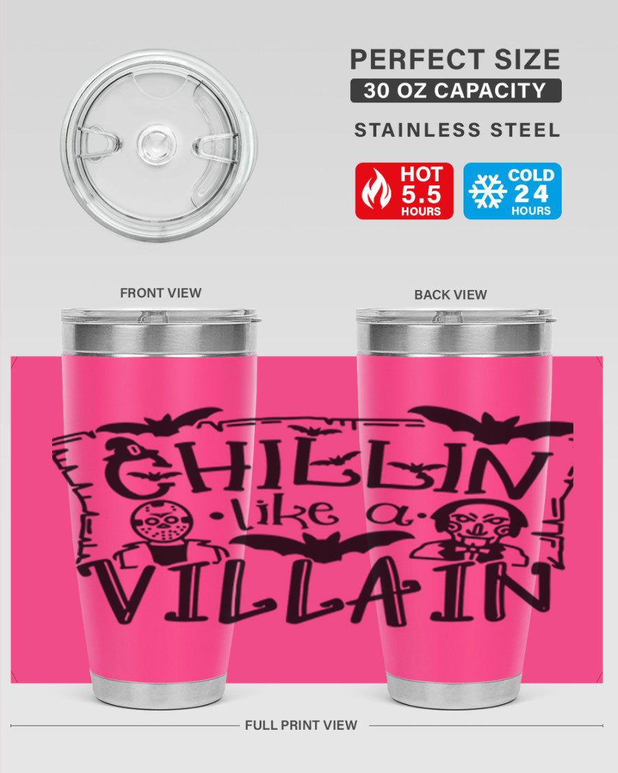 Chillin Like a Villain 82# Halloween Tumbler featuring a vibrant design, double wall vacuum stainless steel, and a drink-thru lid.