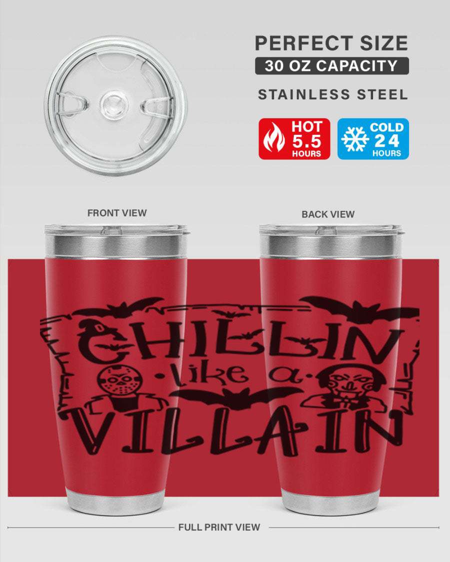 Chillin Like a Villain 82# Halloween Tumbler featuring a vibrant design, double wall vacuum stainless steel, and a drink-thru lid.