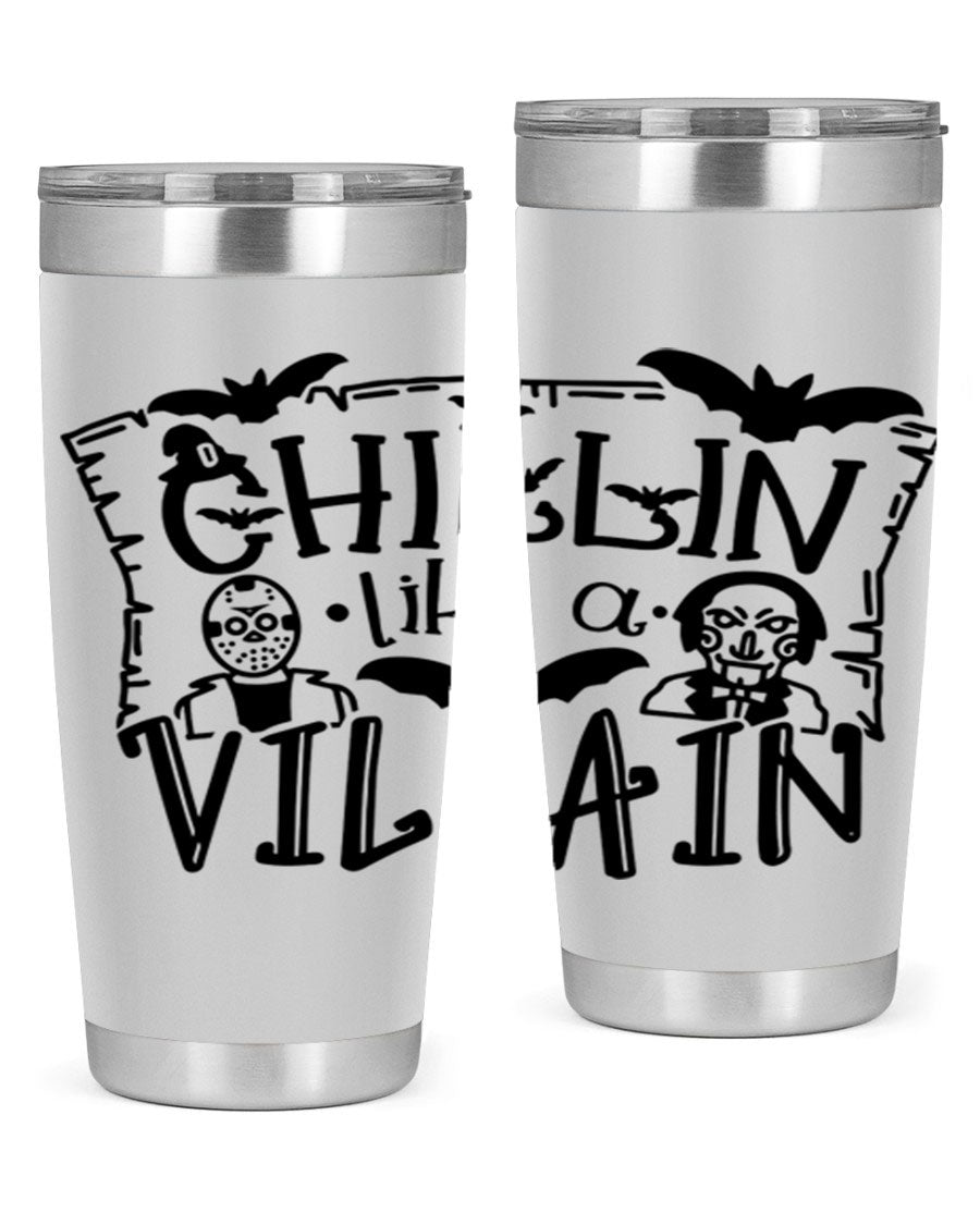 Chillin Like a Villain 82# Halloween Tumbler featuring a vibrant design, double wall vacuum stainless steel, and a drink-thru lid.