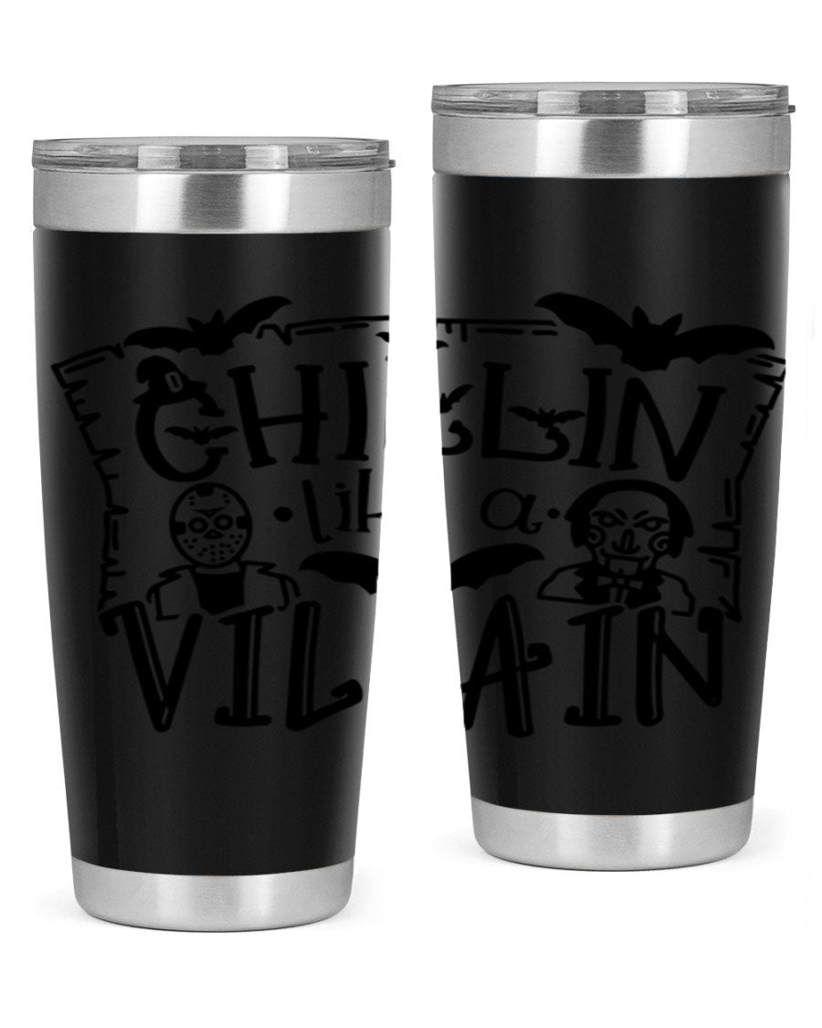 Chillin Like a Villain 82# Halloween Tumbler featuring a vibrant design, double wall vacuum stainless steel, and a drink-thru lid.