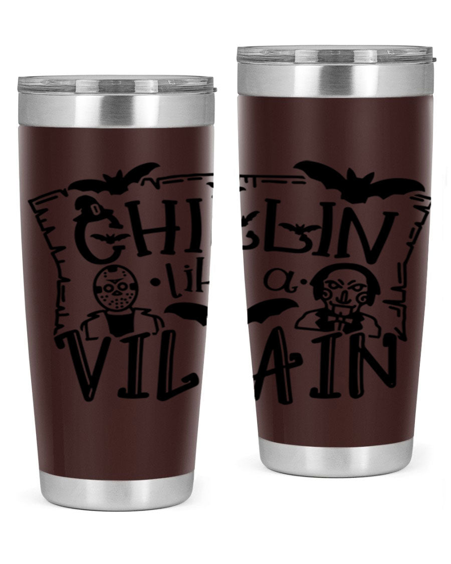 Chillin Like a Villain 82# Halloween Tumbler featuring a vibrant design, double wall vacuum stainless steel, and a drink-thru lid.