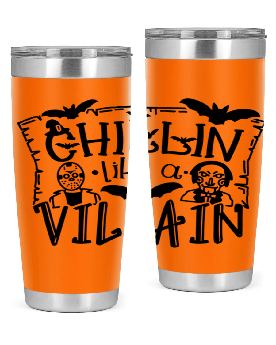 Chillin Like a Villain 82# Halloween Tumbler featuring a vibrant design, double wall vacuum stainless steel, and a drink-thru lid.
