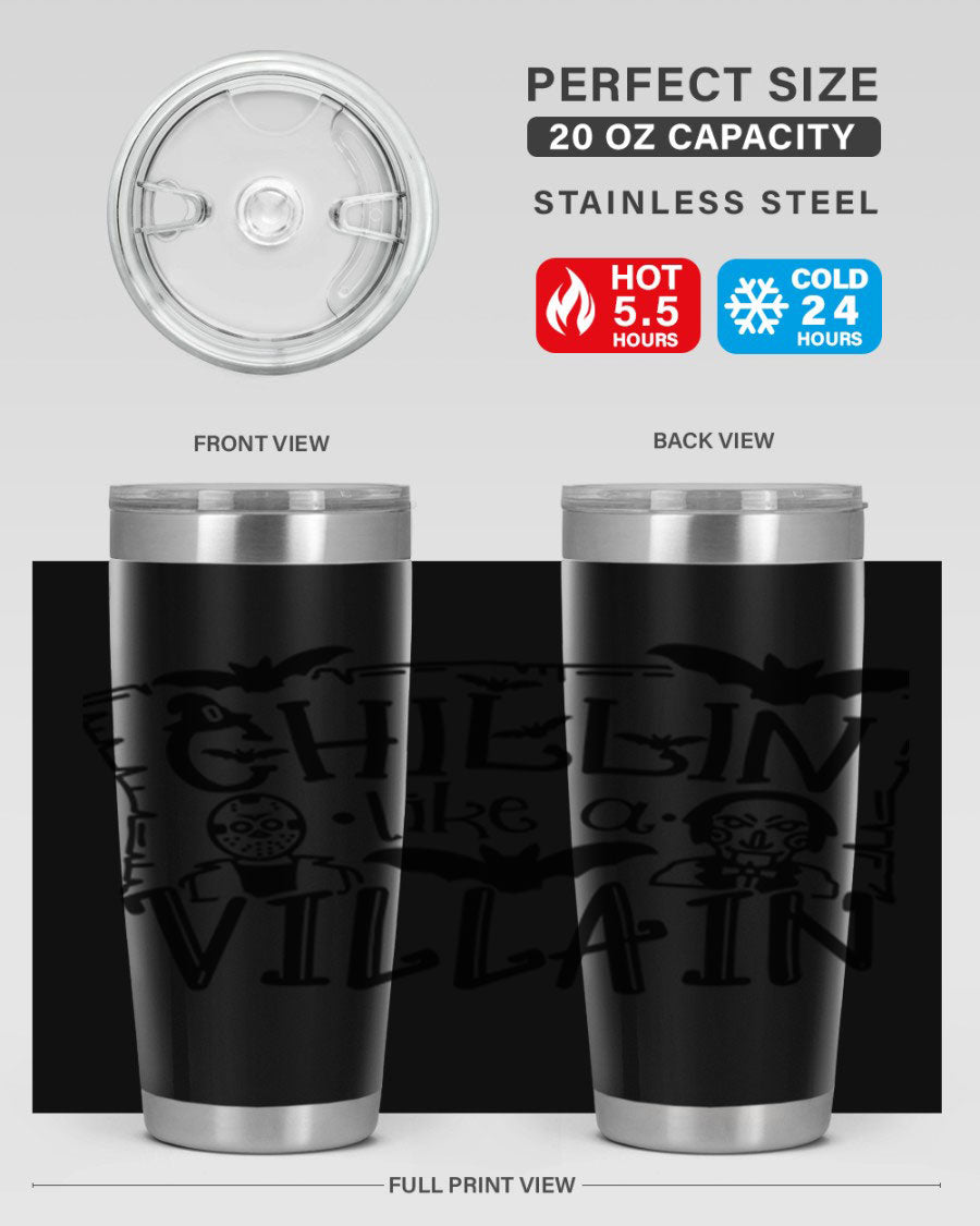 Chillin Like a Villain 82# Halloween Tumbler featuring a vibrant design, double wall vacuum stainless steel, and a drink-thru lid.