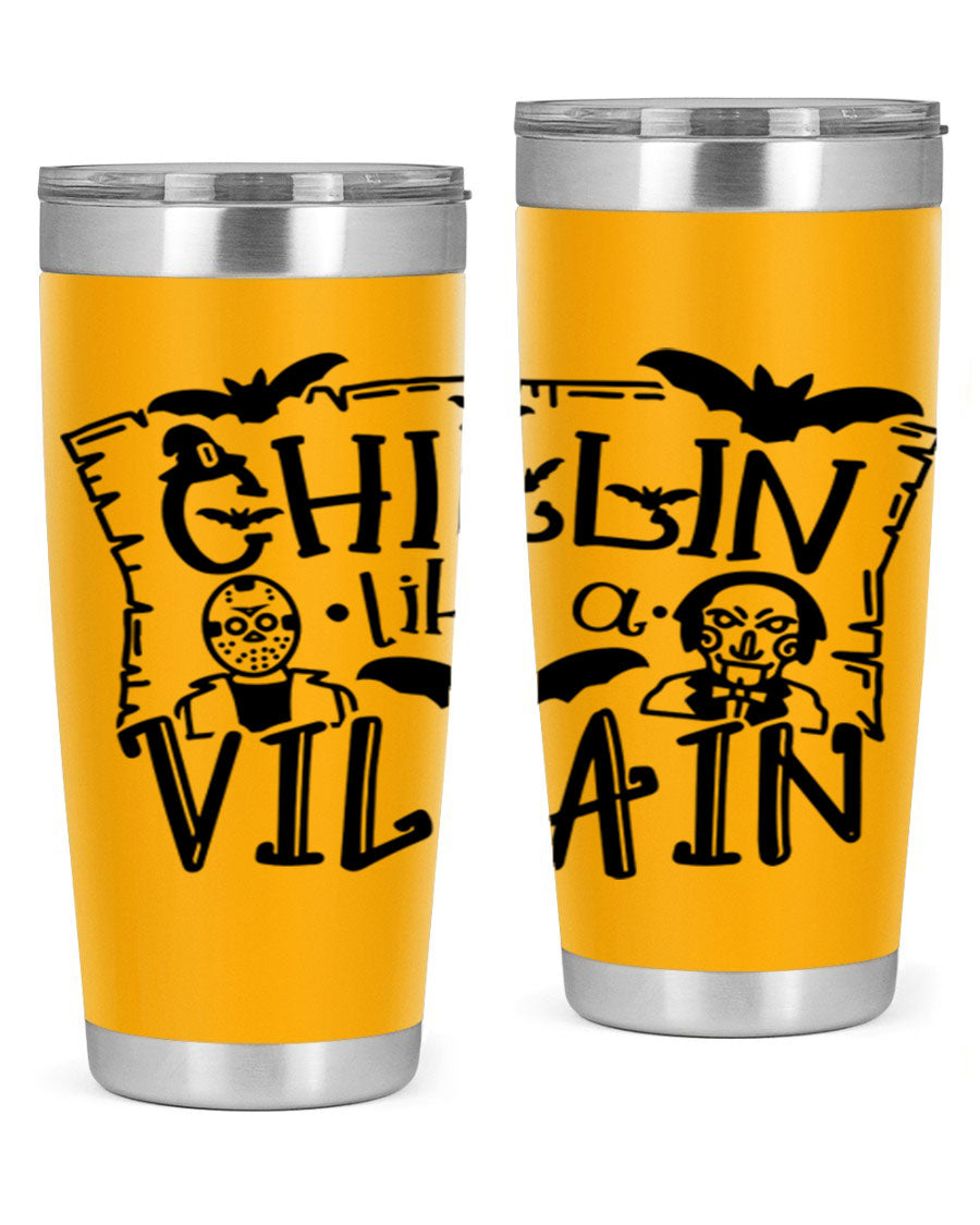 Chillin Like a Villain 82# Halloween Tumbler featuring a vibrant design, double wall vacuum stainless steel, and a drink-thru lid.