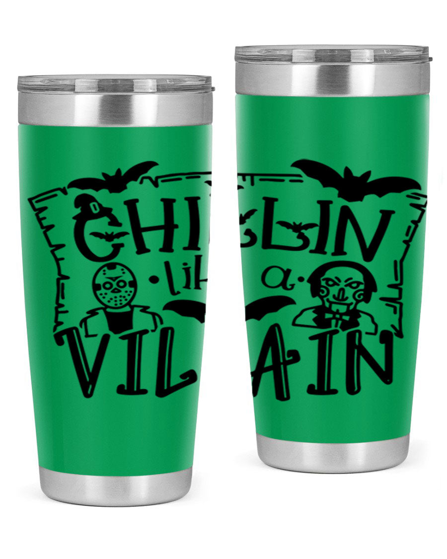 Chillin Like a Villain 82# Halloween Tumbler featuring a vibrant design, double wall vacuum stainless steel, and a drink-thru lid.
