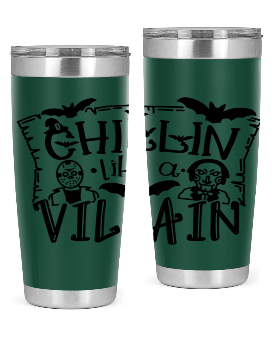 Chillin Like a Villain 82# Halloween Tumbler featuring a vibrant design, double wall vacuum stainless steel, and a drink-thru lid.