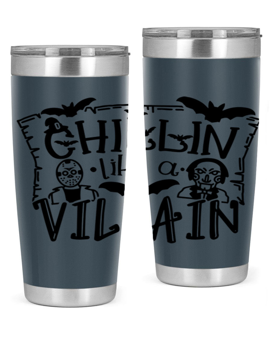 Chillin Like a Villain 82# Halloween Tumbler featuring a vibrant design, double wall vacuum stainless steel, and a drink-thru lid.