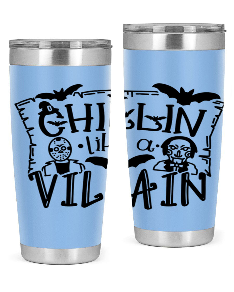 Chillin Like a Villain 82# Halloween Tumbler featuring a vibrant design, double wall vacuum stainless steel, and a drink-thru lid.