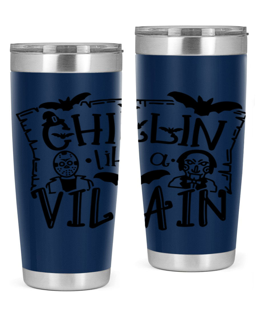 Chillin Like a Villain 82# Halloween Tumbler featuring a vibrant design, double wall vacuum stainless steel, and a drink-thru lid.