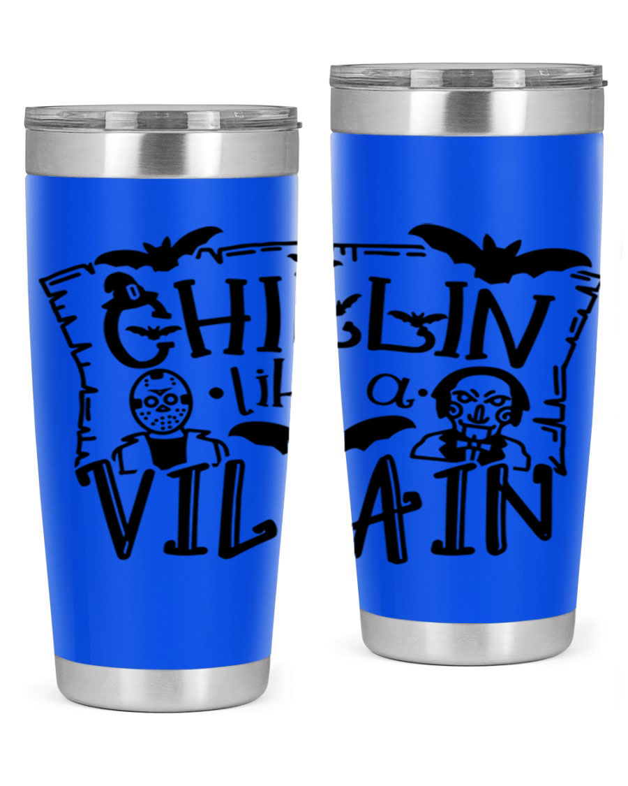 Chillin Like a Villain 82# Halloween Tumbler featuring a vibrant design, double wall vacuum stainless steel, and a drink-thru lid.