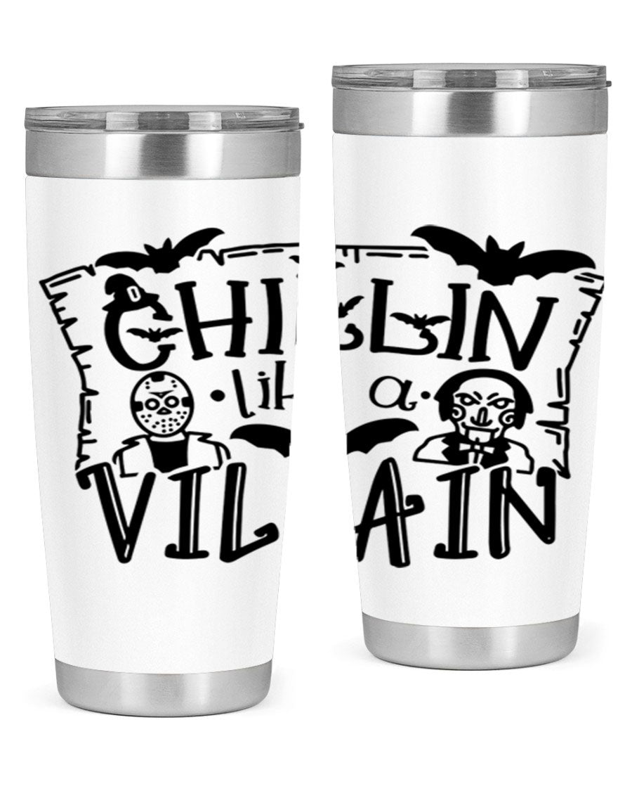 Chillin Like a Villain 82# Halloween Tumbler featuring a vibrant design, double wall vacuum stainless steel, and a drink-thru lid.