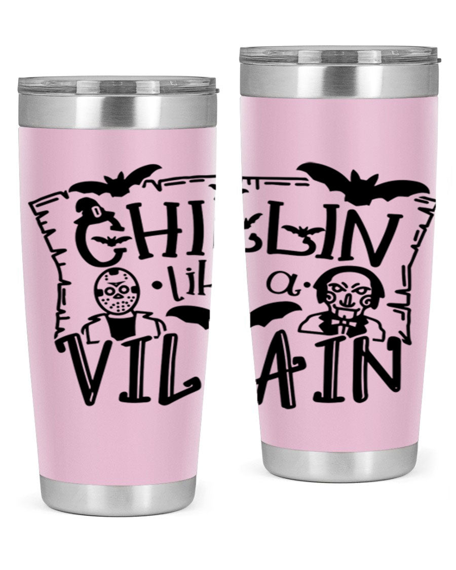 Chillin Like a Villain 82# Halloween Tumbler featuring a vibrant design, double wall vacuum stainless steel, and a drink-thru lid.