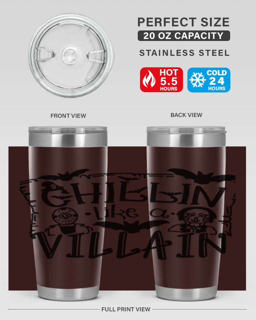 Chillin Like a Villain 82# Halloween Tumbler featuring a vibrant design, double wall vacuum stainless steel, and a drink-thru lid.