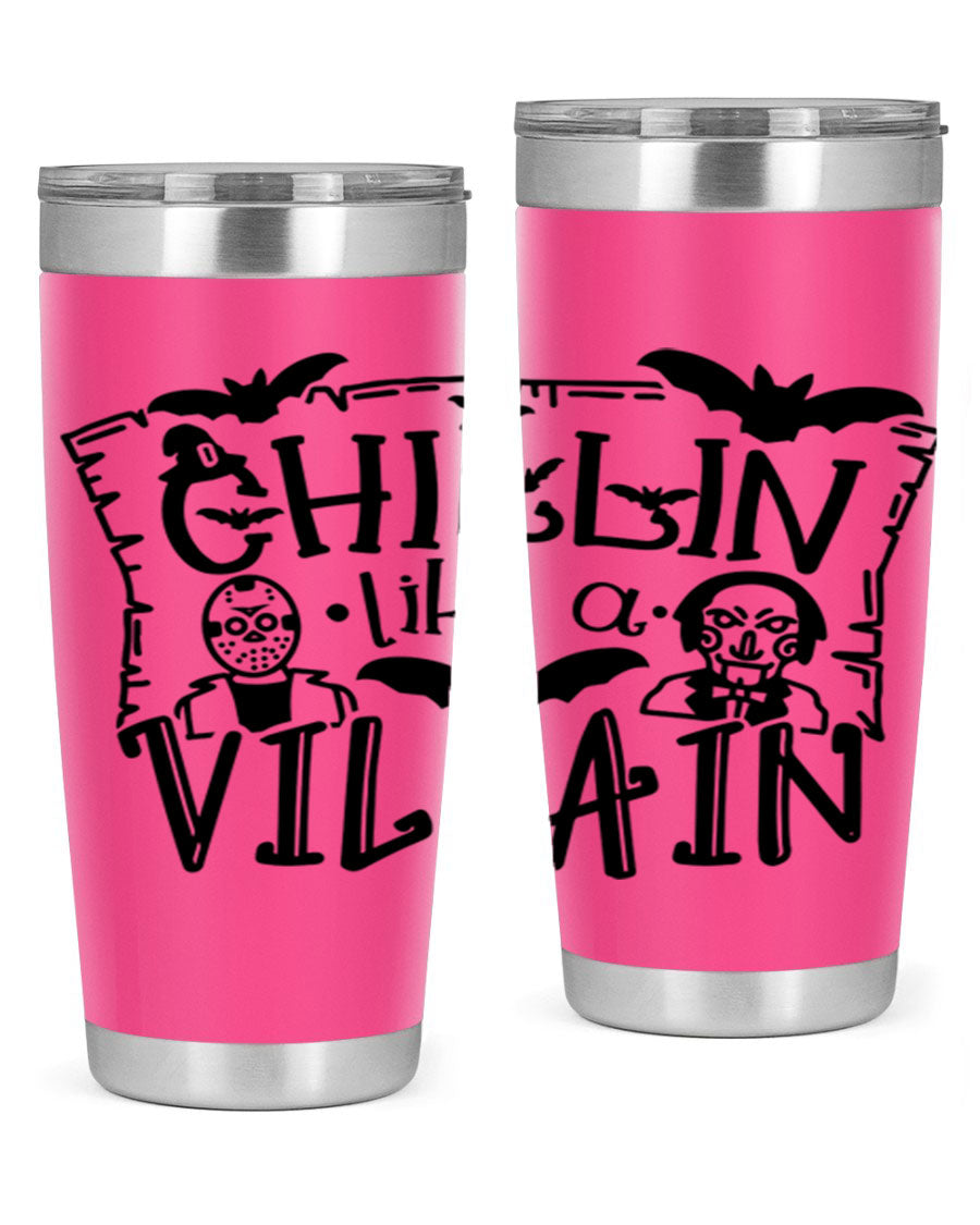 Chillin Like a Villain 82# Halloween Tumbler featuring a vibrant design, double wall vacuum stainless steel, and a drink-thru lid.