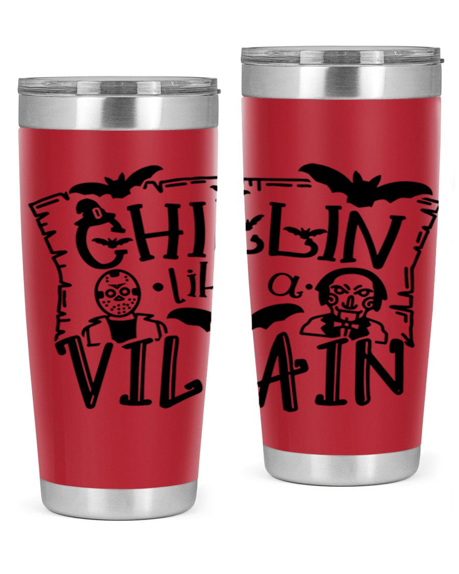 Chillin Like a Villain 82# Halloween Tumbler featuring a vibrant design, double wall vacuum stainless steel, and a drink-thru lid.