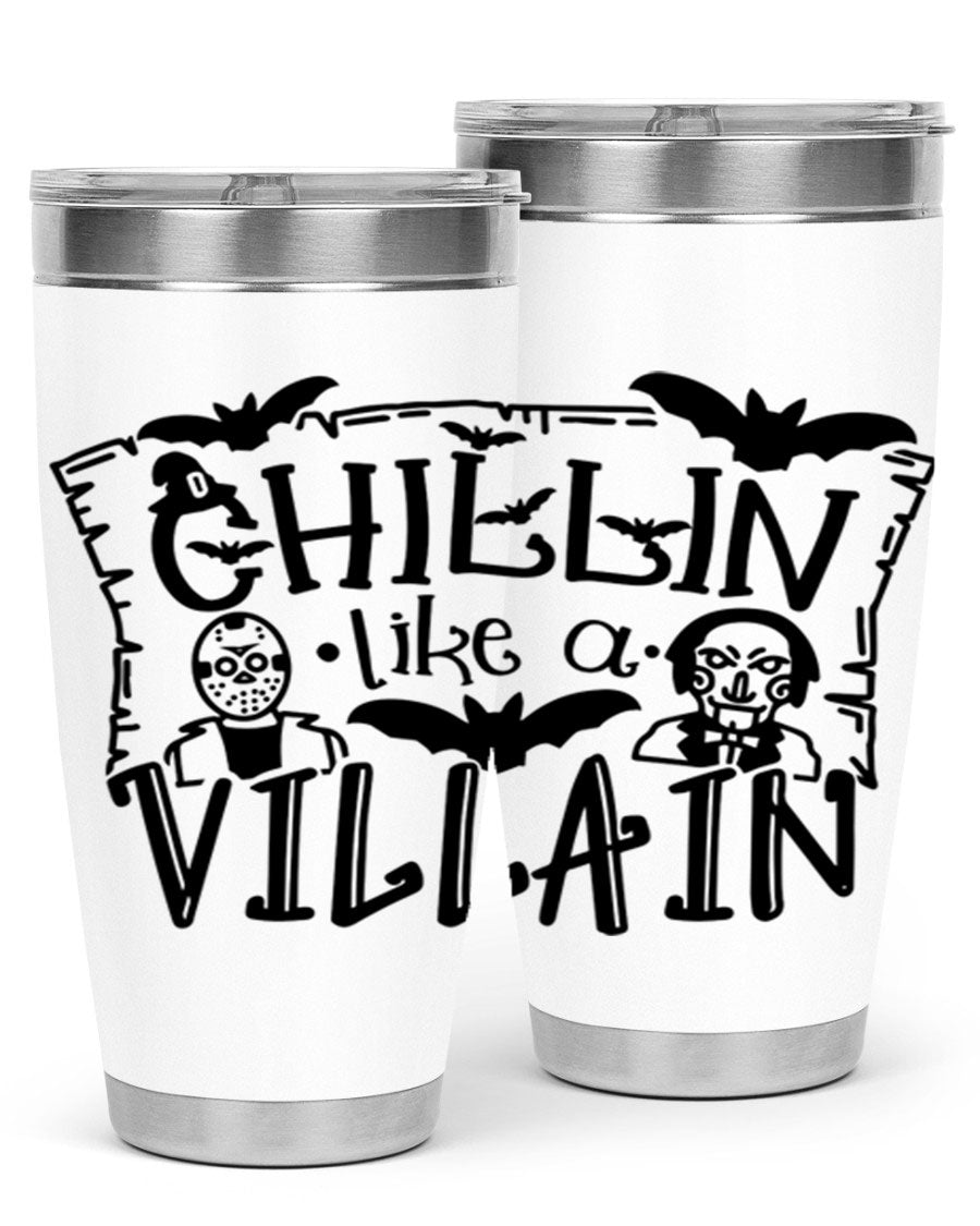 Chillin Like a Villain 82# Halloween Tumbler featuring a vibrant design, double wall vacuum stainless steel, and a drink-thru lid.