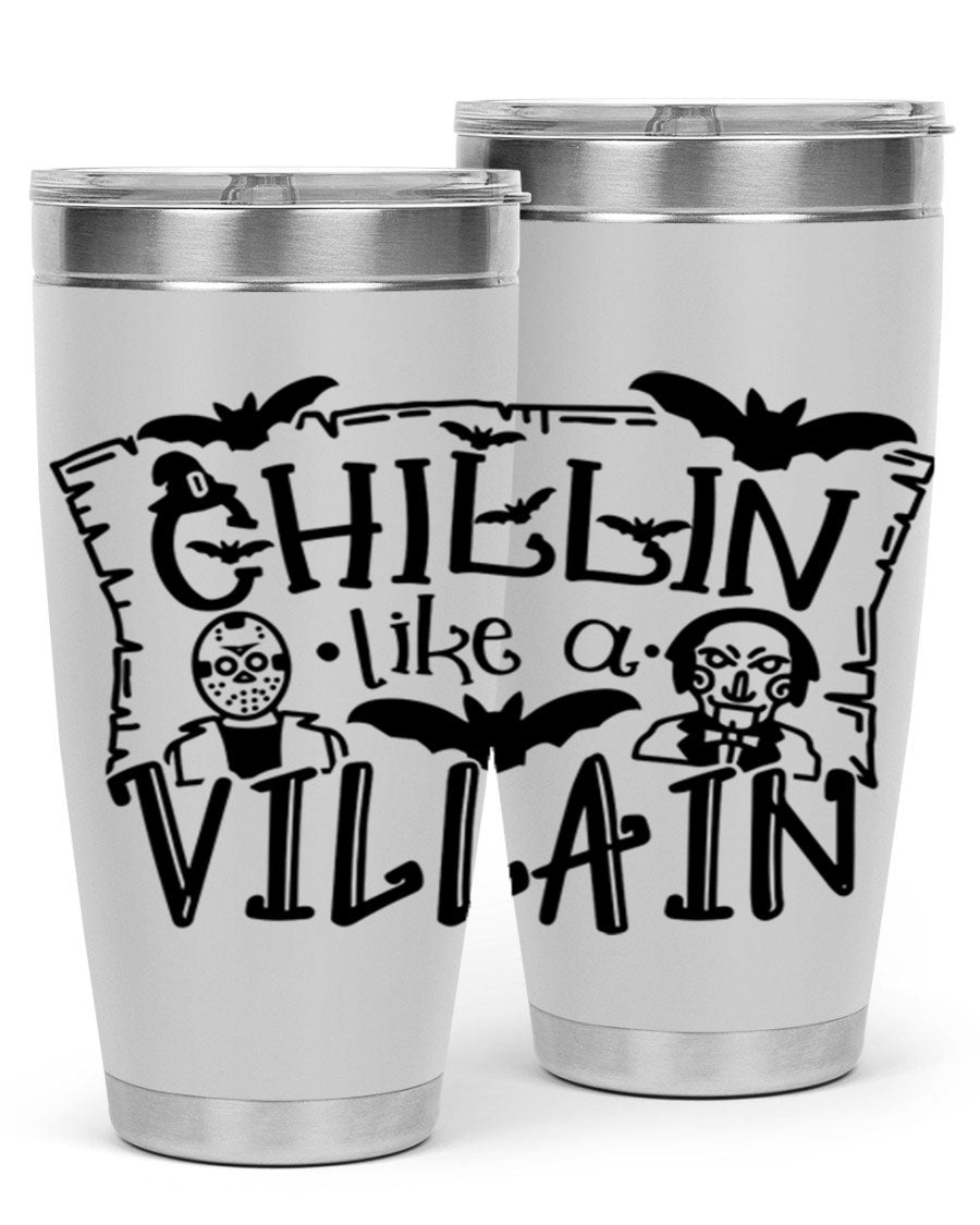 Chillin Like a Villain 82# Halloween Tumbler featuring a vibrant design, double wall vacuum stainless steel, and a drink-thru lid.