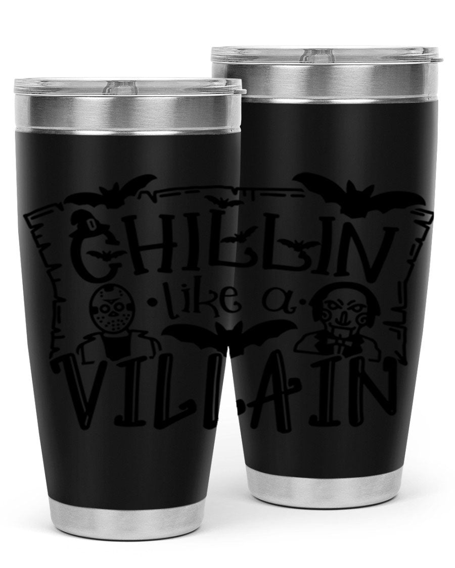 Chillin Like a Villain 82# Halloween Tumbler featuring a vibrant design, double wall vacuum stainless steel, and a drink-thru lid.