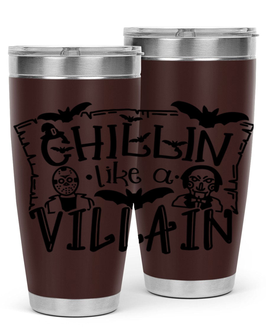 Chillin Like a Villain 82# Halloween Tumbler featuring a vibrant design, double wall vacuum stainless steel, and a drink-thru lid.