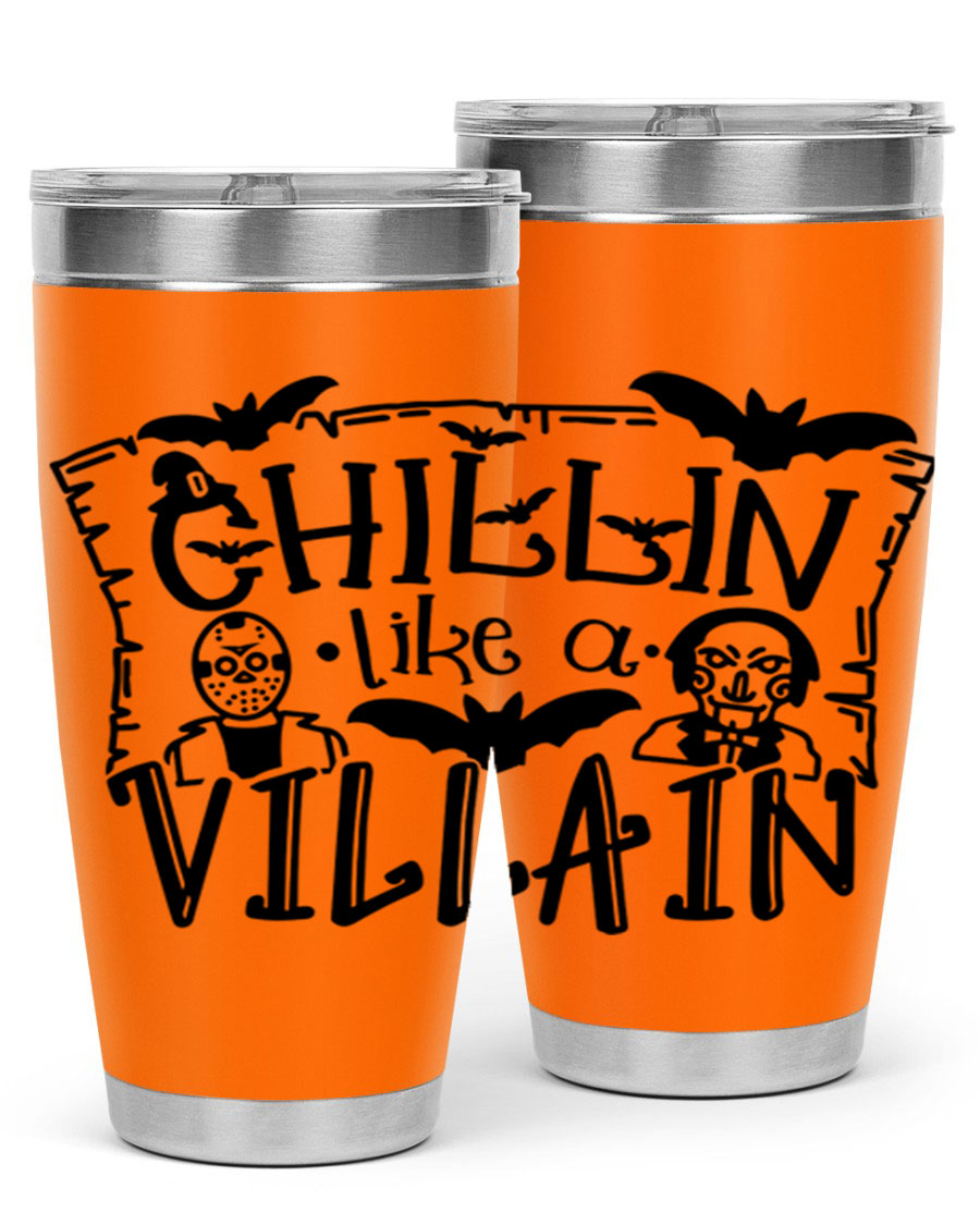 Chillin Like a Villain 82# Halloween Tumbler featuring a vibrant design, double wall vacuum stainless steel, and a drink-thru lid.