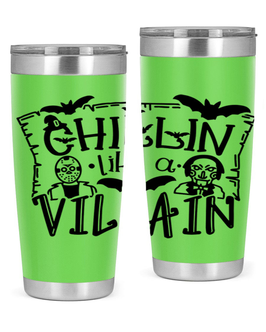 Chillin Like a Villain 82# Halloween Tumbler featuring a vibrant design, double wall vacuum stainless steel, and a drink-thru lid.