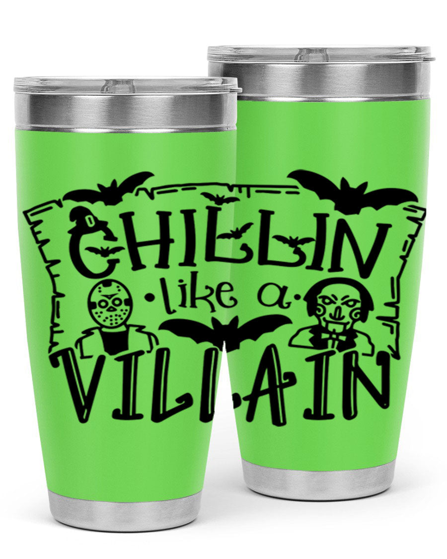 Chillin Like a Villain 82# Halloween Tumbler featuring a vibrant design, double wall vacuum stainless steel, and a drink-thru lid.