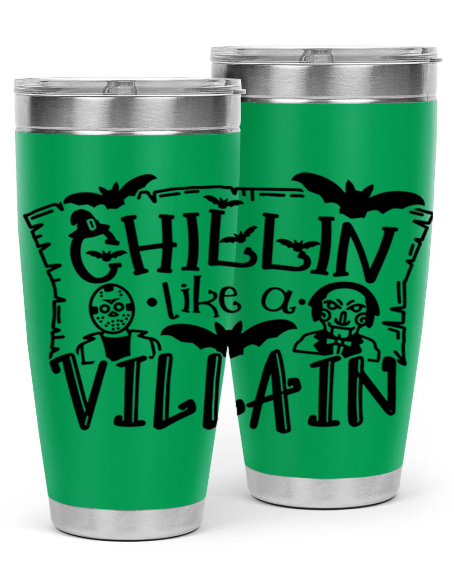 Chillin Like a Villain 82# Halloween Tumbler featuring a vibrant design, double wall vacuum stainless steel, and a drink-thru lid.