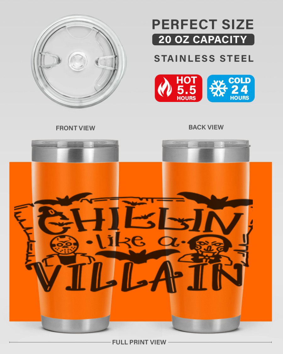 Chillin Like a Villain 82# Halloween Tumbler featuring a vibrant design, double wall vacuum stainless steel, and a drink-thru lid.