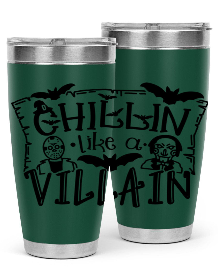 Chillin Like a Villain 82# Halloween Tumbler featuring a vibrant design, double wall vacuum stainless steel, and a drink-thru lid.