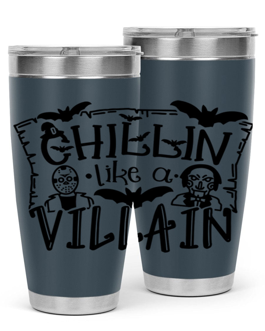 Chillin Like a Villain 82# Halloween Tumbler featuring a vibrant design, double wall vacuum stainless steel, and a drink-thru lid.