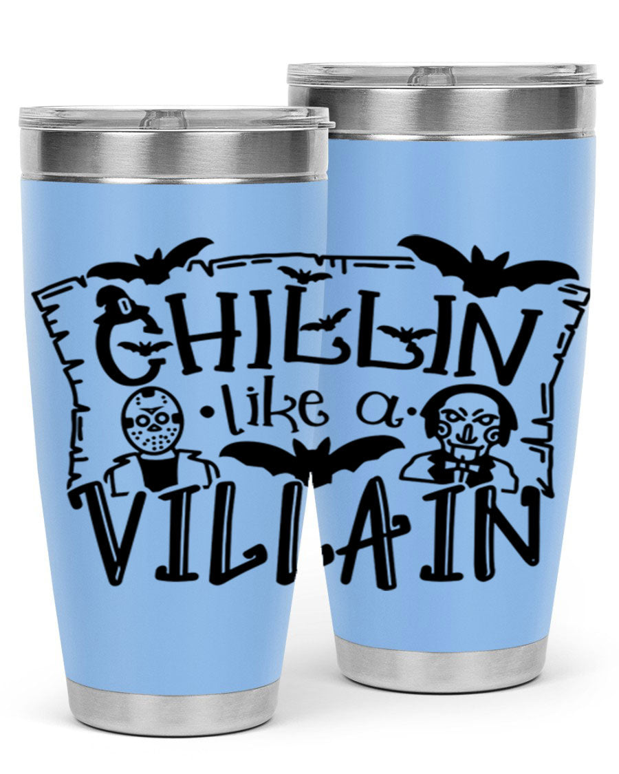 Chillin Like a Villain 82# Halloween Tumbler featuring a vibrant design, double wall vacuum stainless steel, and a drink-thru lid.