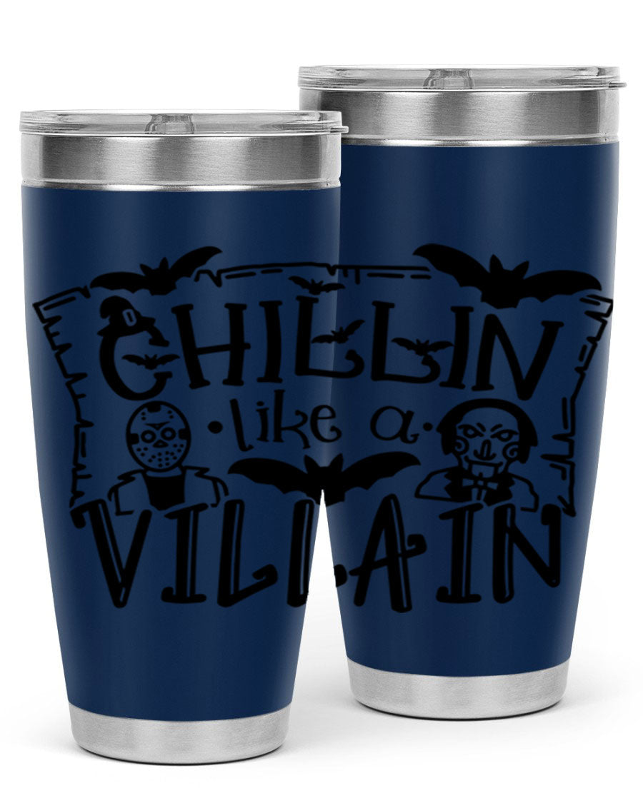 Chillin Like a Villain 82# Halloween Tumbler featuring a vibrant design, double wall vacuum stainless steel, and a drink-thru lid.