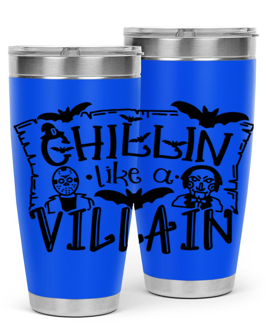 Chillin Like a Villain 82# Halloween Tumbler featuring a vibrant design, double wall vacuum stainless steel, and a drink-thru lid.