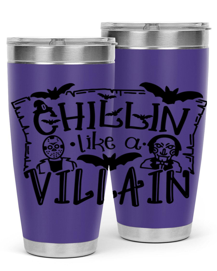 Chillin Like a Villain 82# Halloween Tumbler featuring a vibrant design, double wall vacuum stainless steel, and a drink-thru lid.
