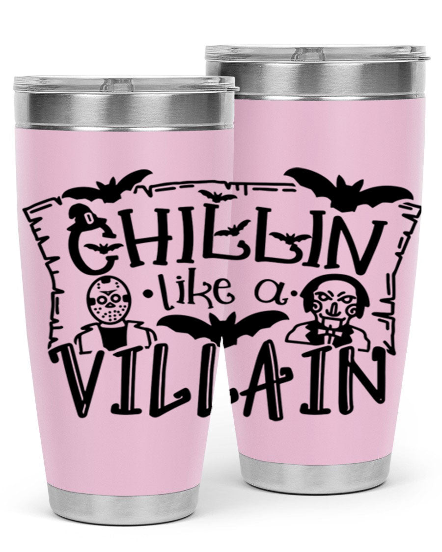 Chillin Like a Villain 82# Halloween Tumbler featuring a vibrant design, double wall vacuum stainless steel, and a drink-thru lid.